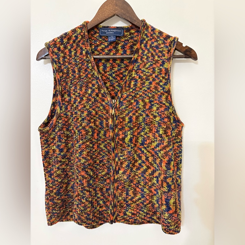 VINTAGE Norton McNaughton Multicolor Knit Zip Vest with Orange, Yellow Brown M
